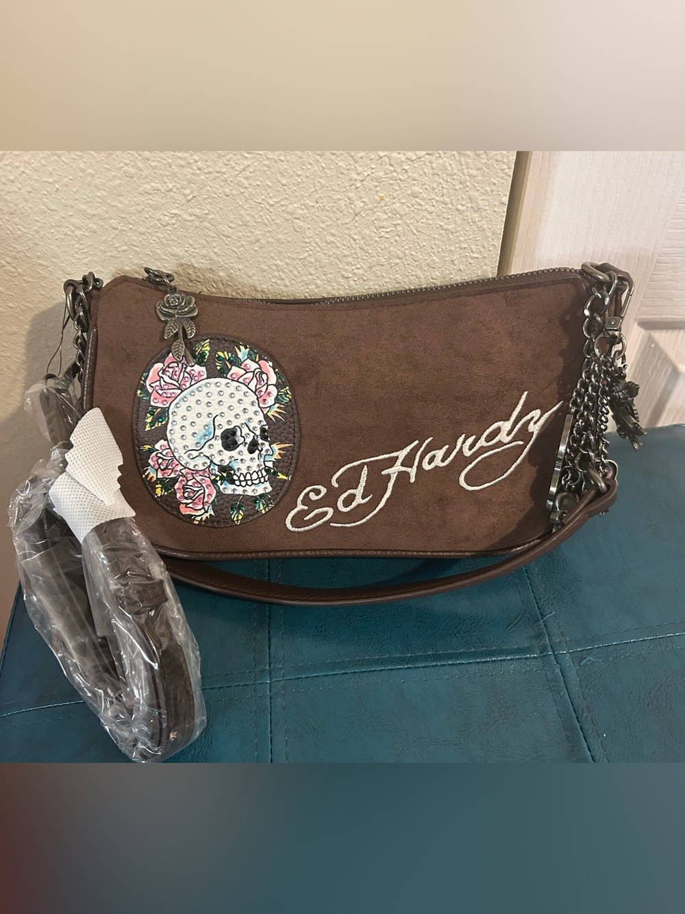 Ed Hardy Brown Suede Skull Crossbody with Floral Patch